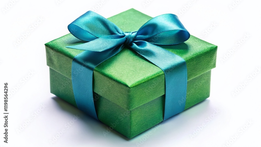 Fototapeta premium Elegant Green Gift Box with Blue Ribbon, Isolated on White Background - Perfect for Holiday or Birthday Presents