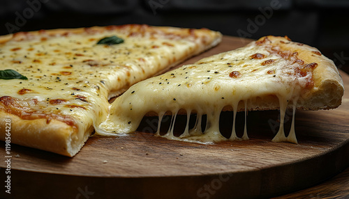 Melted cheese pizza slice, wooden board, dark background, food photography photo