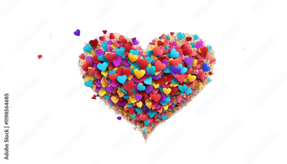 Obraz premium Vivid heart-shaped fireworks bursting into the night sky, with multicolored heart-shaped confetti cascading down in celebration of love, happiness, and joy, on a white transparent background PNG