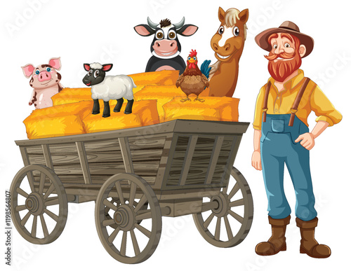 Farm Animals on Hay Wagon