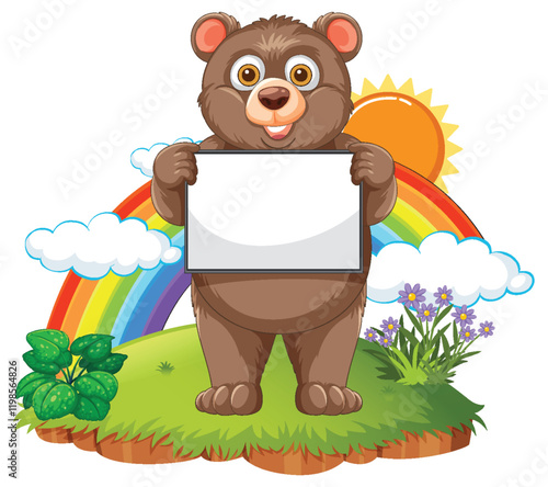 Cheerful Bear with Rainbow Sign