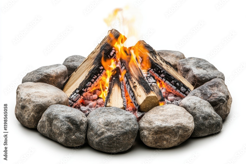 A lively campfire surrounded by a circular arrangement of gray and brown stones A lively campfire surrounded by a circular arrangement of gray and brown stones