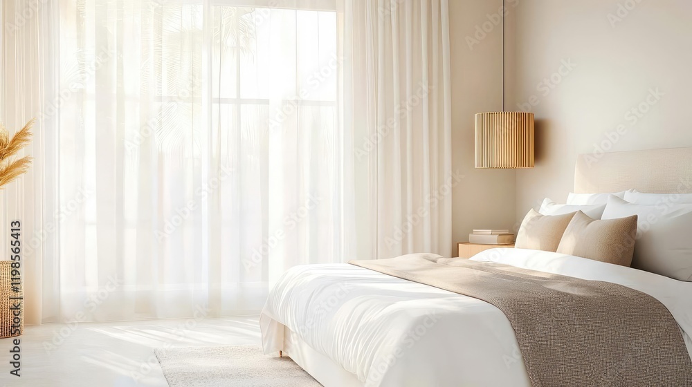 Fototapeta premium Bedroom interior idea. A serene bedroom with soft natural light filtering through sheer curtains.