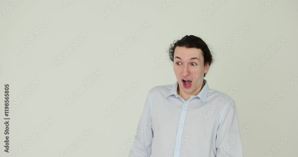 Young man expressing shock and surprise and troubles on white background Young man expressing shock and surprise and troubles on white background