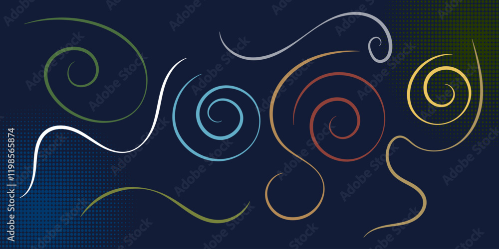 Abstract greetings banner with swirl ribbons and stars on dark blue colour background Abstract greetings banner with swirl ribbons and stars on dark blue colour background