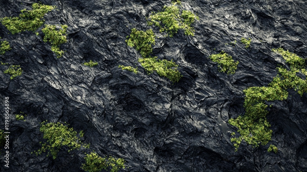 Dark Volcanic Rock Texture with Lush Green Moss and Plants Dark Volcanic Rock Texture with Lush Green Moss and Plants