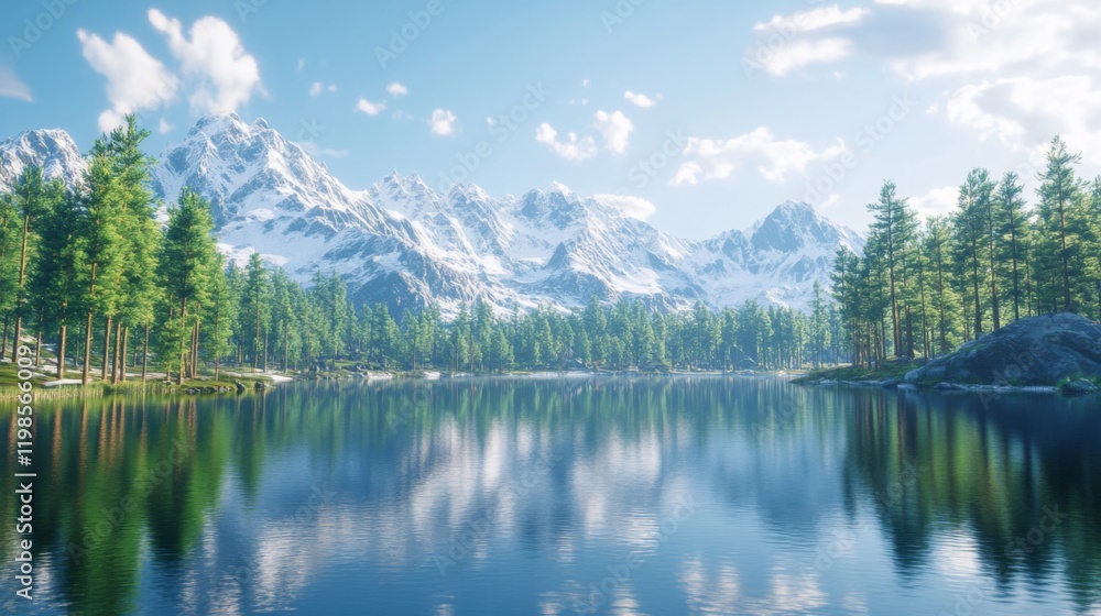 Serene Mountain Lake with Snow-capped Peaks and Lush Pine Forest Serene Mountain Lake with Snow-capped Peaks and Lush Pine Forest