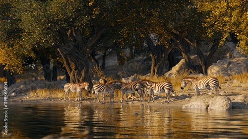 Herd of Plains Zebras at Water s Edge African Savanna Sunset