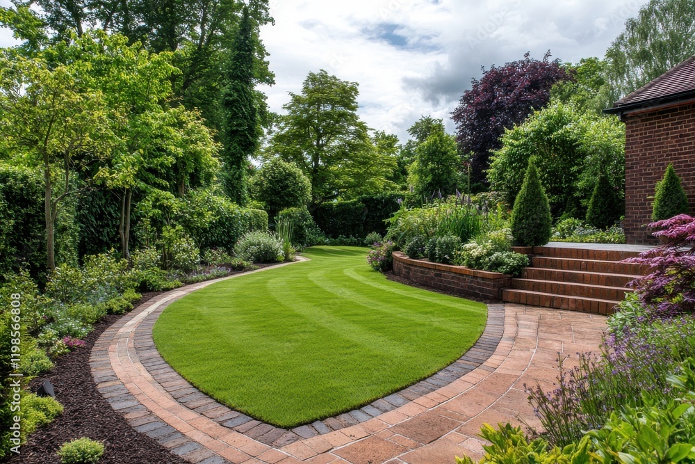 A wide garden with a bright green lawn, bordered by a curved brick pathway and various shrubs A wide garden with a bright green lawn, bordered by a curved brick pathway and various shrubs