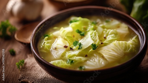 Close up of cabbage soup on a bowl