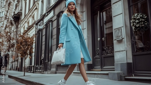 Stylish Woman Walking City Street Wearing Blue Coat photo