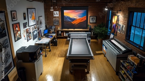 Wallpaper Mural Large format inkjet printer in a cozy printshop with wood floors, printing a vibrant, detailed artwork. Torontodigital.ca
