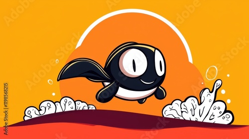 Playful cartoon character leaping over waves vibrant sunset background digital art illustration whimsical environment