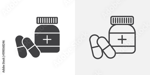 Pill bottle icons. flat and line style set