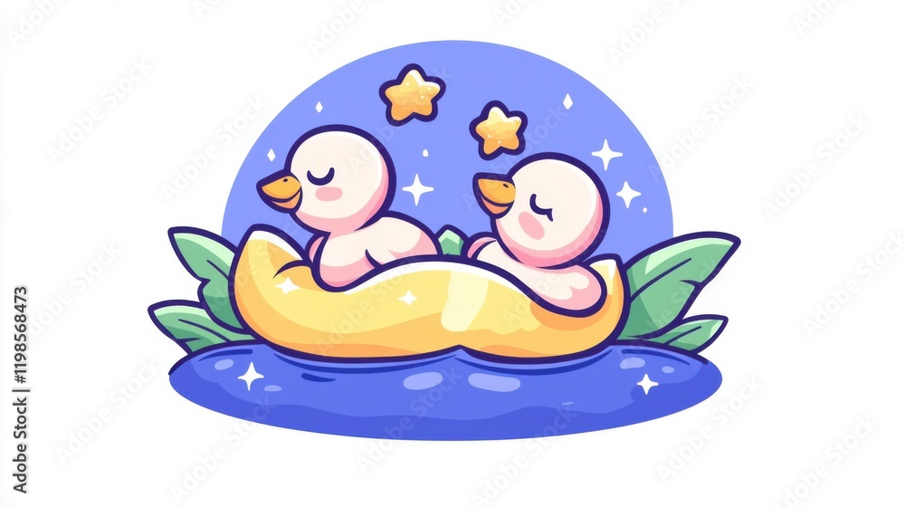 Relaxing duck duo floating on a river under stars nature illustration peaceful environment whimsical viewpoint Relaxing duck duo floating on a river under stars nature illustration peaceful environment whimsical viewpoint
