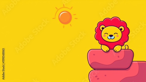 Playful lion cartoon bright yellow background digital illustration fun environment cheerful concept