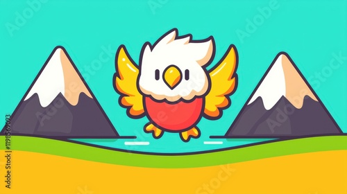 Colorful cartoon bird soars over mountains vibrant landscape digital art playful and cheerful environment