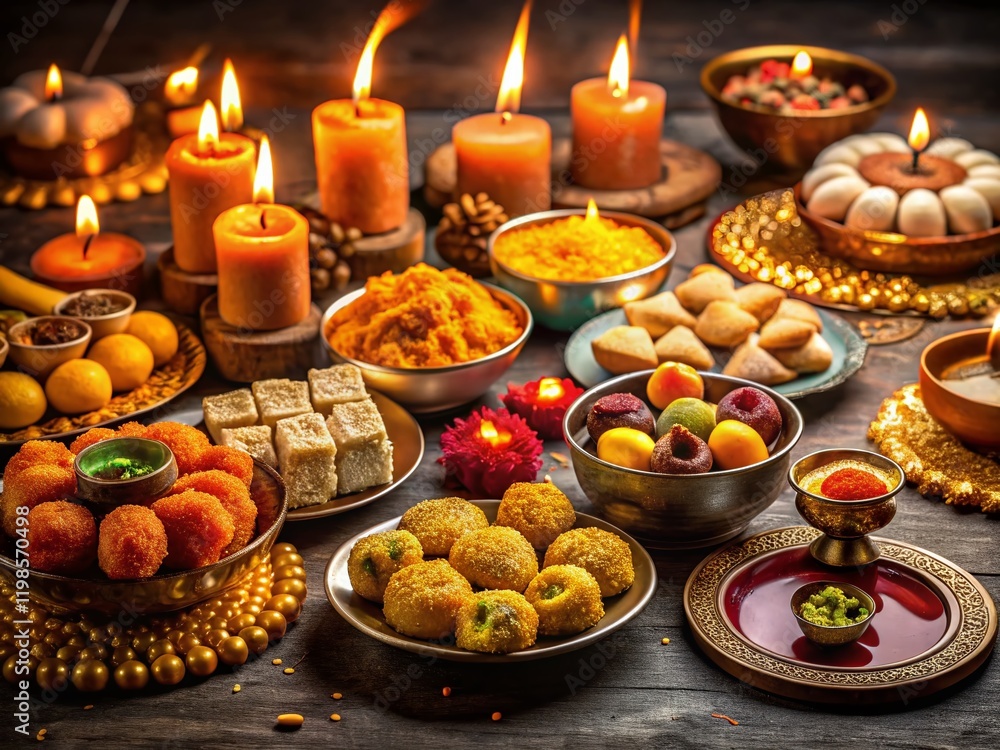 Festive Bhai Dooj Night: Delicious Food & Candles on a Flat Surface Festive Bhai Dooj Night: Delicious Food & Candles on a Flat Surface
