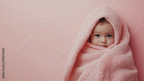 Newborn Baby Wrapped in Pink Blanket with Copy Space for Gentle Baby Photography