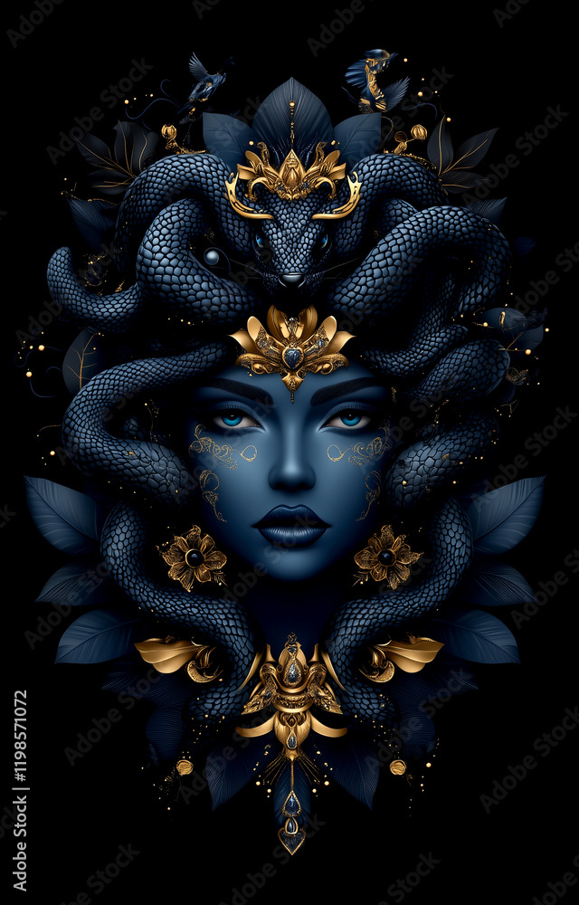 Obraz premium A woman with a snake headdress and gold jewelry