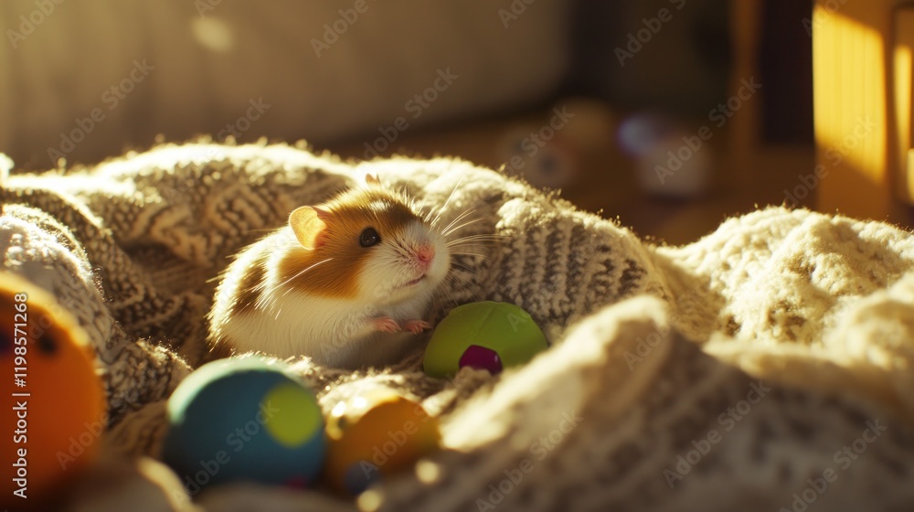 Adorable Hamster in Knitted Blanket Basking in Sunlight Adorable Hamster in Knitted Blanket Basking in Sunlight