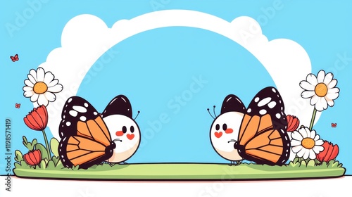 Butterfly interaction in whimsical garden digital art bright blue background cheerful atmosphere playful concept