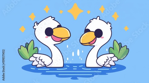 Playful cartoon ducks swimming together in a bright blue pond fun illustration whimsical environment cheerful viewpoint