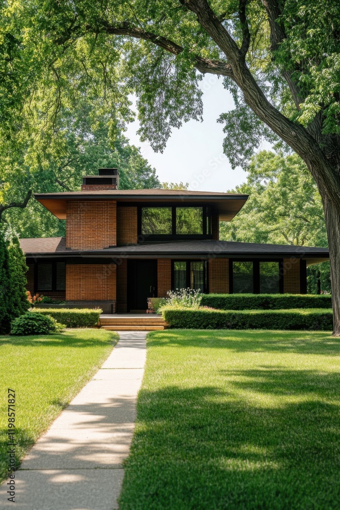 Remarkable modern architecture showcases a unique design, complemented by lush greenery and a well-maintained pathway in a serene suburban neighborhood during daylight Remarkable modern architecture showcases a unique design, complemented by lush greenery and a well-maintained pathway in a serene suburban neighborhood during daylight