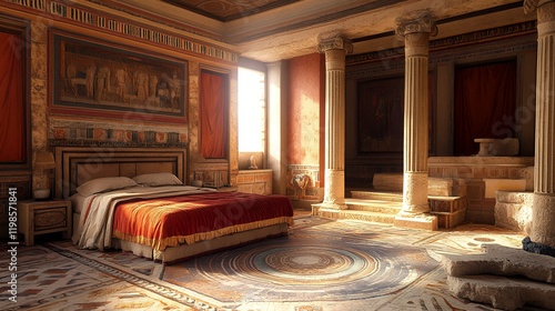 A digitally rendered image showcasing a luxurious ancient Roman bedroom, featuring intricate details and warm lighting.
