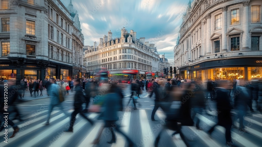 A vibrant urban scene of a large crowd of people crossing a pedestrian crossing in a bustling city street. A vibrant urban scene of a large crowd of people crossing a pedestrian crossing in a bustling city street.