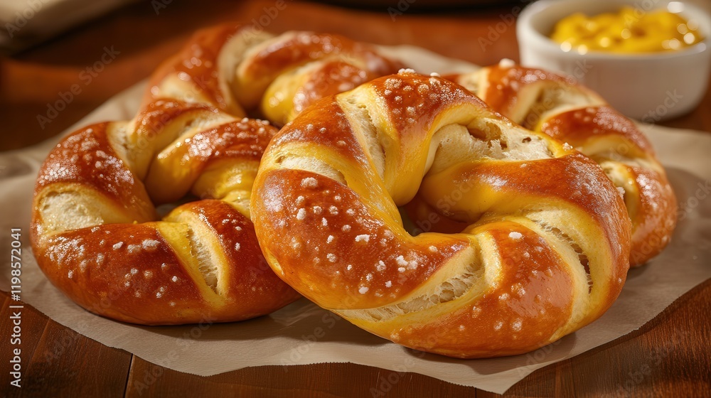 freshly baked soft pretzels, warm and salty, resting on parchment paper with a side of mustard for dipping freshly baked soft pretzels, warm and salty, resting on parchment paper with a side of mustard for dipping