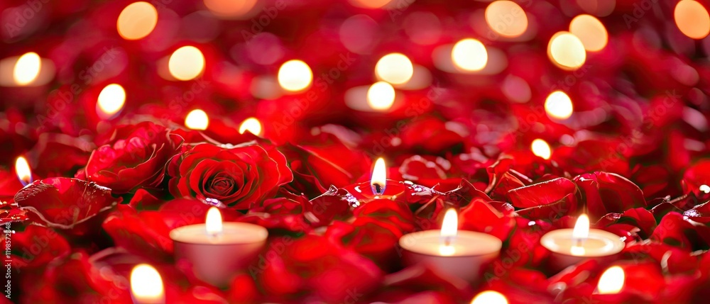 Romantic scene with red roses and candles for a cozy atmosphere. Romantic scene with red roses and candles for a cozy atmosphere.