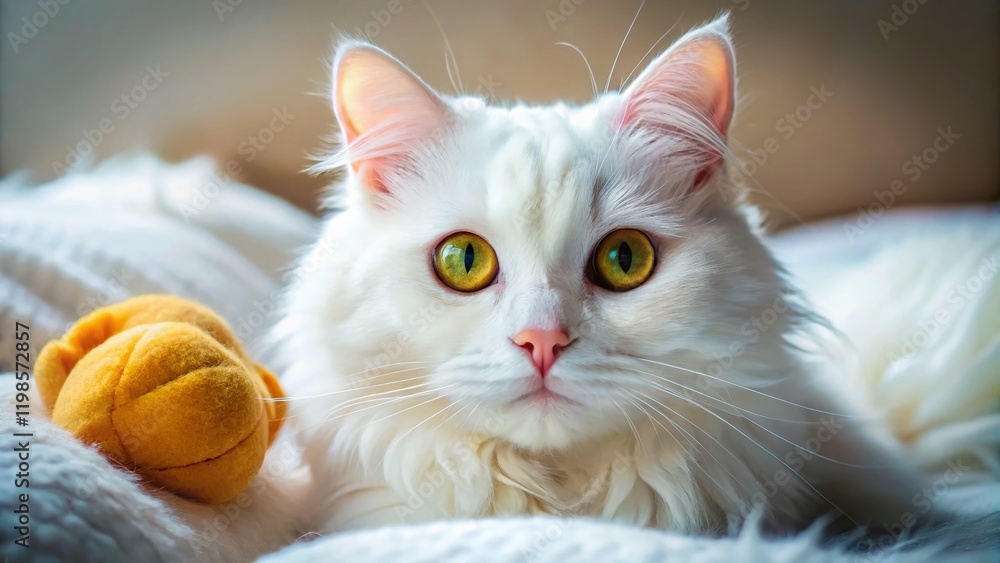 Obraz premium Fluffy White Cat Playing with Toy on Bed - Close Up