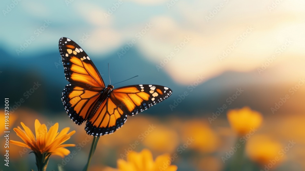 Obraz premium Beautiful monarch butterfly on vibrant flowers in nature captured at sunrise serene landscape view