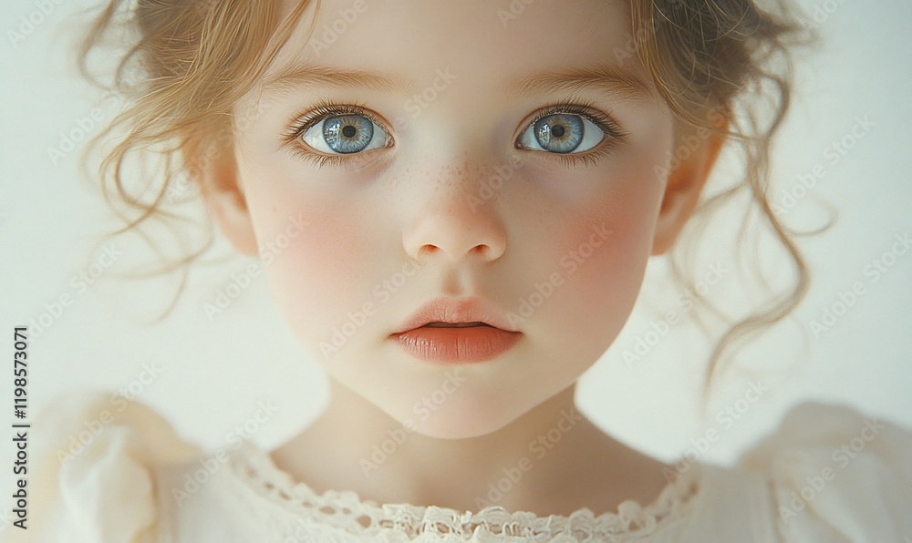 Child's portrait, studio shot, serene expression, white background, innocence Child's portrait, studio shot, serene expression, white background, innocence