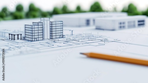 Engineer sketching concept. Architectural blueprint of a modern building with detailed design and a pencil.