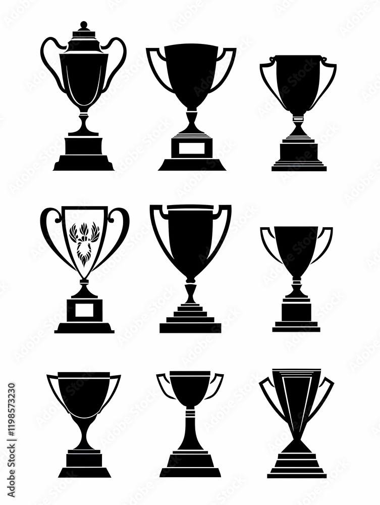 Obraz premium A collection of trophy silhouettes showcases diverse elegant designs on a sleek monochrome backdrop, perfect for representing achievement and competition in sports or business.