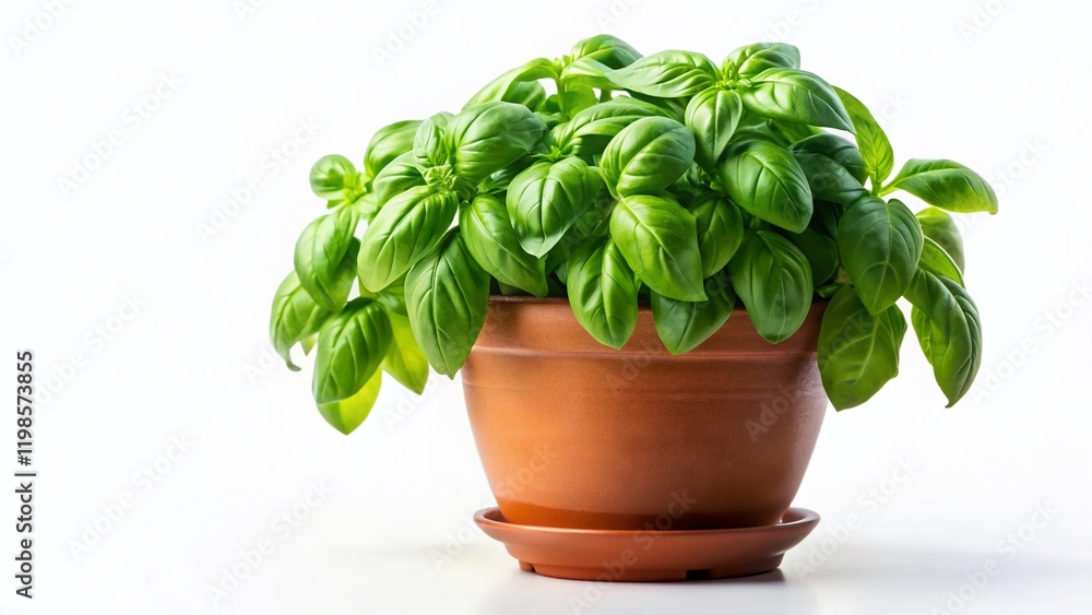 Fresh Basil Plant in Pot, Isolated on White, Healthy Vegan Food Fresh Basil Plant in Pot, Isolated on White, Healthy Vegan Food