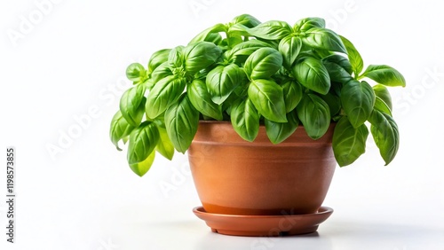Fresh Basil Plant in Pot, Isolated on White, Healthy Vegan Food
