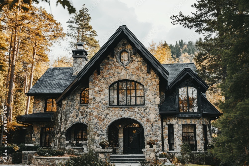 Majestic stone house surrounded by trees in a serene mountainous setting during the autumn season with golden leaves reflecting peaceful architecture Majestic stone house surrounded by trees in a serene mountainous setting during the autumn season with golden leaves reflecting peaceful architecture