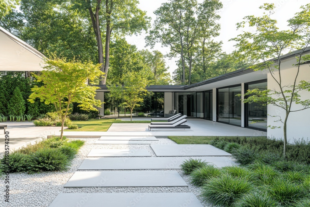 Modern outdoor living space with landscaped gardens and patio furniture in a serene residential area during daytime hours Modern outdoor living space with landscaped gardens and patio furniture in a serene residential area during daytime hours