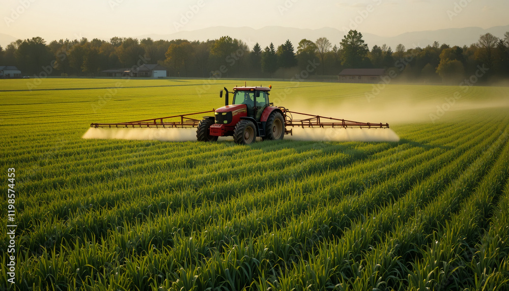 Tractor Spraying Crops in a Vast Green Field During Daylight Hours in a Rural Agricultural Setting Tractor Spraying Crops in a Vast Green Field During Daylight Hours in a Rural Agricultural Setting