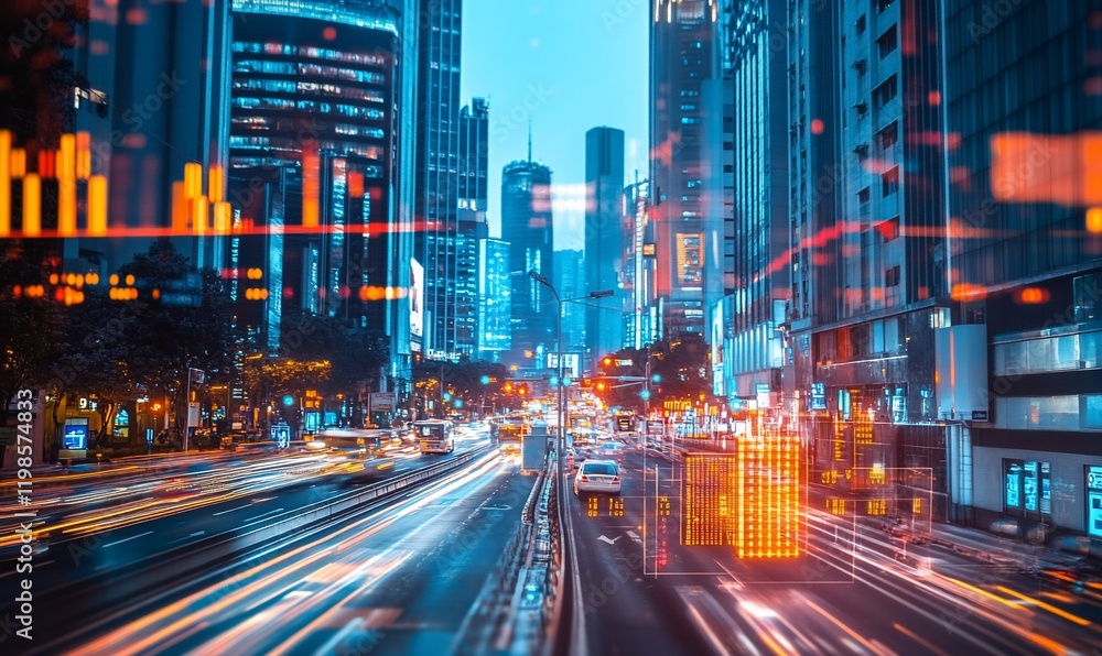 Cityscape night, stock market data overlay Cityscape night, stock market data overlay