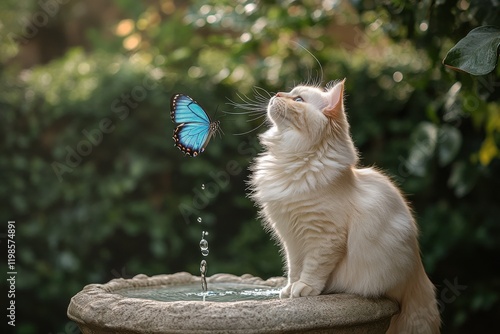 Cream Turkish Angora cat playing with blue morpho butterfly in garden setting