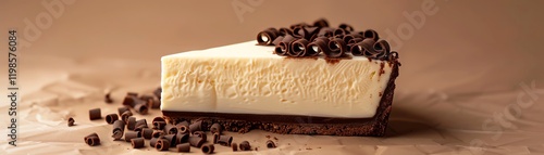 Delicious slice of creamy cheesecake topped with chocolate chips on a brown background. Perfect for dessert lovers. photo