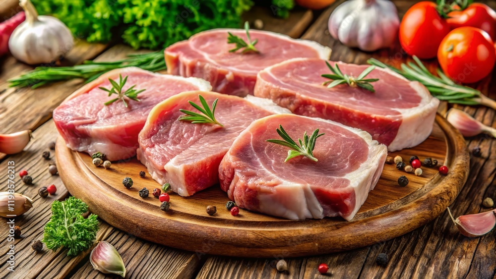 Fresh Raw Pork Chops Slices, Close-up, Rustic Wooden Background, Butchers Cut, Meat Fresh Raw Pork Chops Slices, Close-up, Rustic Wooden Background, Butchers Cut, Meat