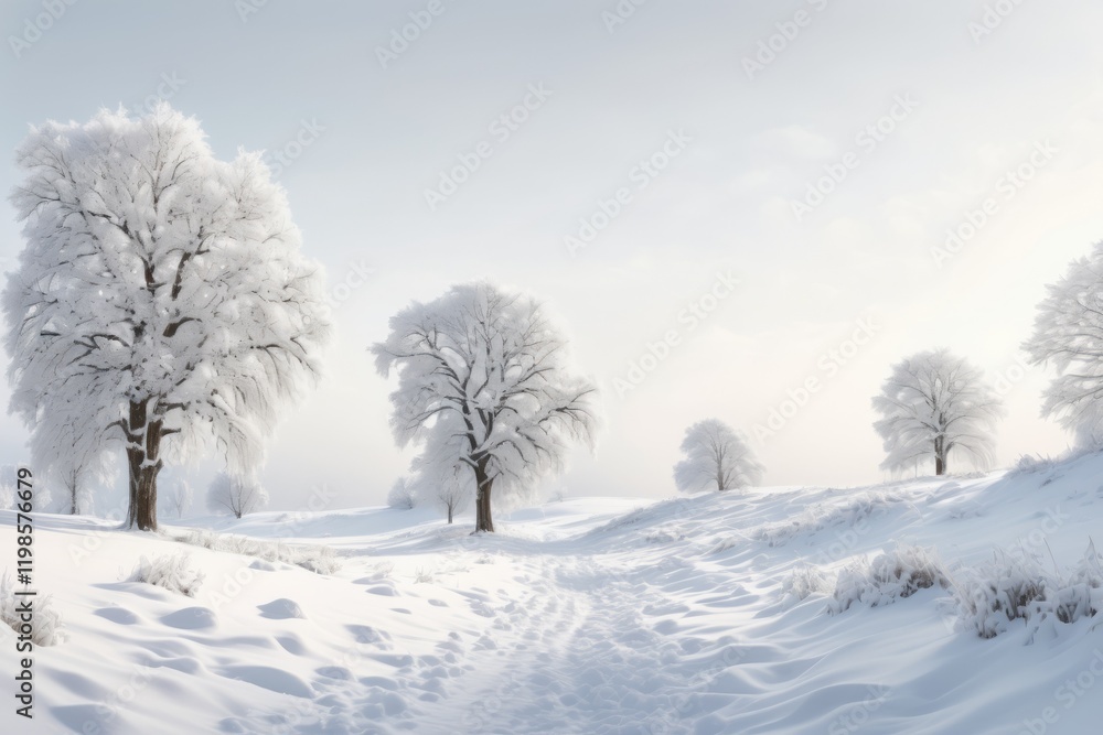 Snow covered trees in a winter landscape with a frosty forest and a path through the park on a cold day Snow covered trees in a winter landscape with a frosty forest and a path through the park on a cold day