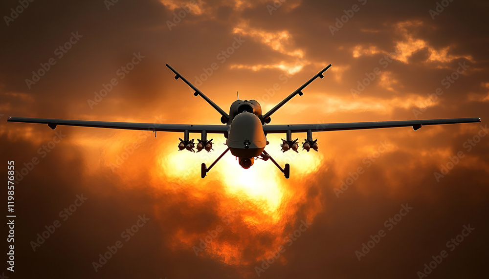 Armed drone sunset flight military warfare Armed drone sunset flight military warfare