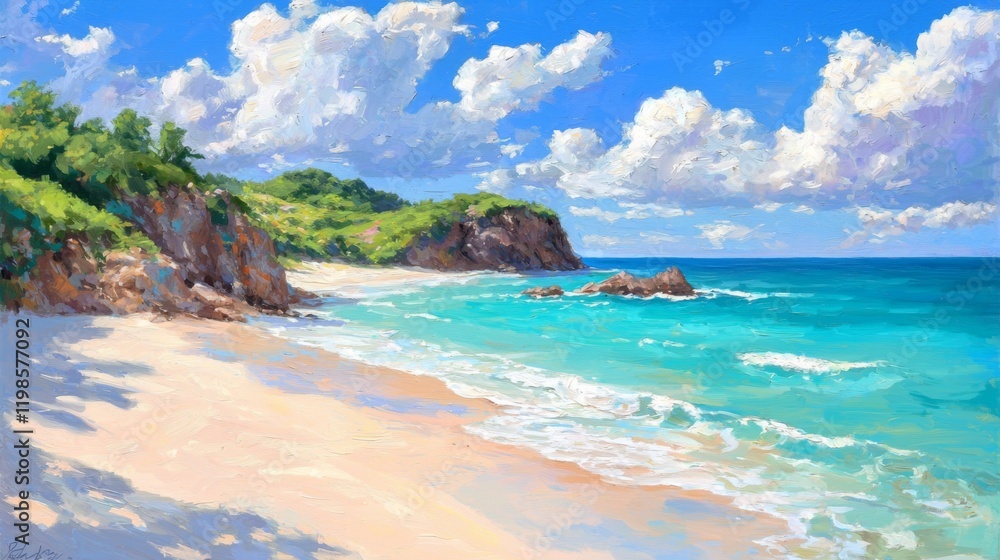 Fototapeta premium Serene Tropical Beach Scene Turquoise Waters White Sand and Lush Green Cliffs Under a Sunny Sky