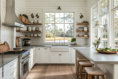 Bright Farmhouse Kitchen With Island And Water View